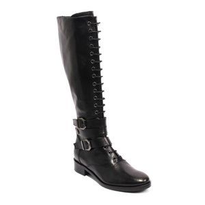 ITALIAN Black Leather Lace-Up Zip Knee-High Boots